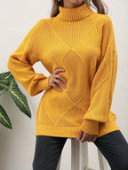 Women's geometric diamond pattern turtleneck sweater with long sleeves and ribbed trims