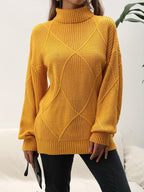 Women's geometric diamond pattern turtleneck sweater with long sleeves and ribbed trims