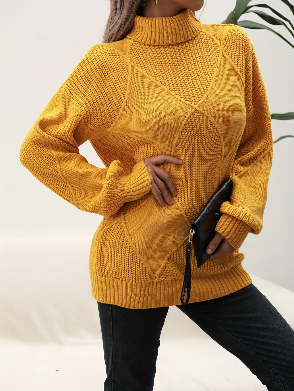 Women's geometric diamond pattern turtleneck sweater with long sleeves and ribbed trims