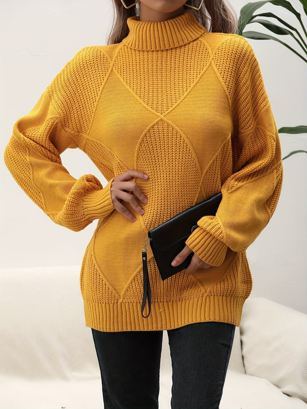 Women's geometric diamond pattern turtleneck sweater with long sleeves and ribbed trims