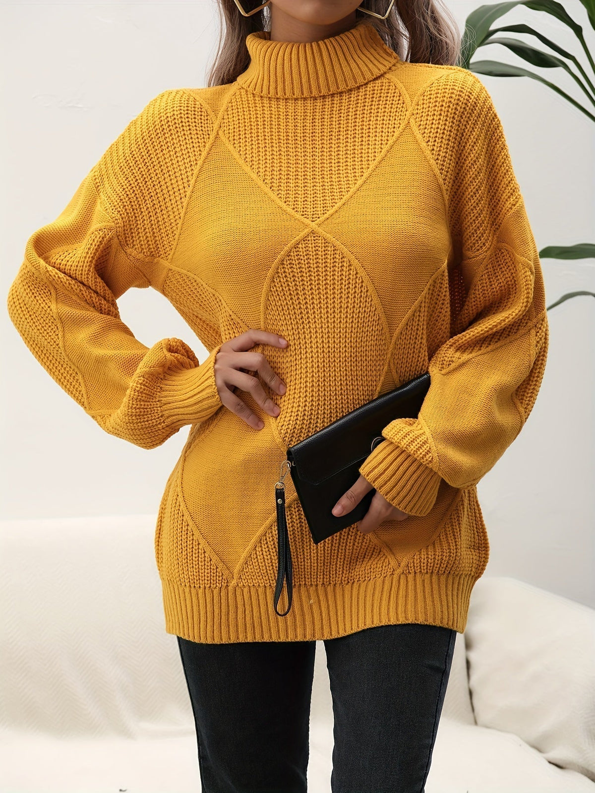 Women's geometric diamond pattern turtleneck sweater with long sleeves and ribbed trims
