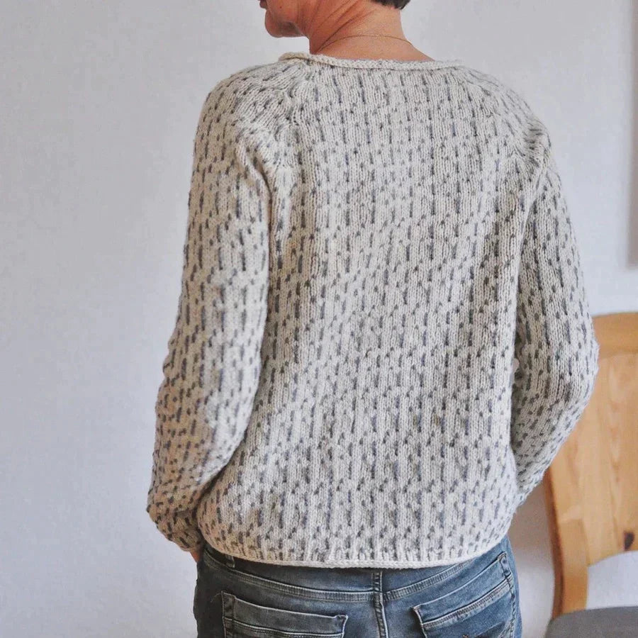 Women's grey textured crew neck sweater with long sleeves