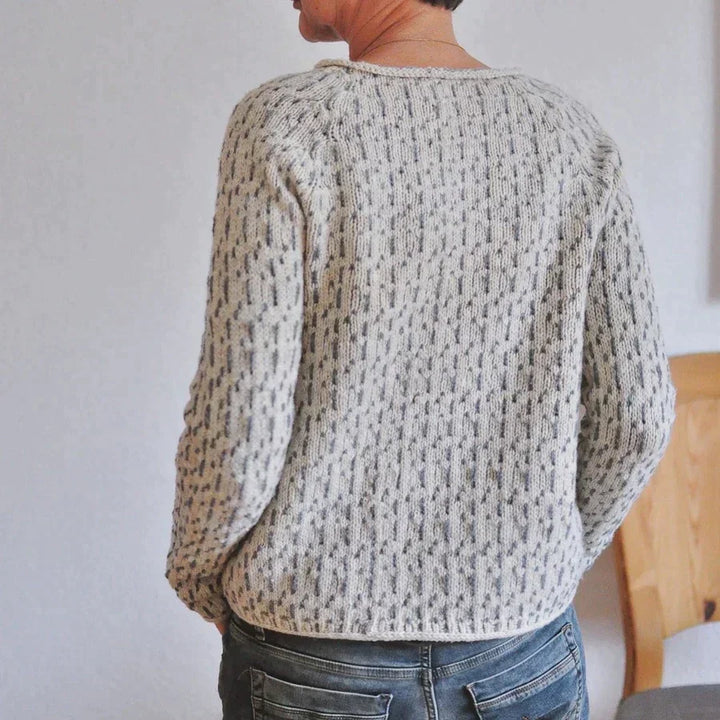 Women's grey textured crew neck sweater with long sleeves