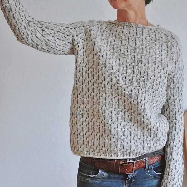 Women's grey textured crew neck sweater with long sleeves