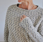 Women's grey textured crew neck sweater with long sleeves