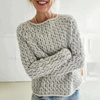Women's grey textured crew neck sweater with long sleeves