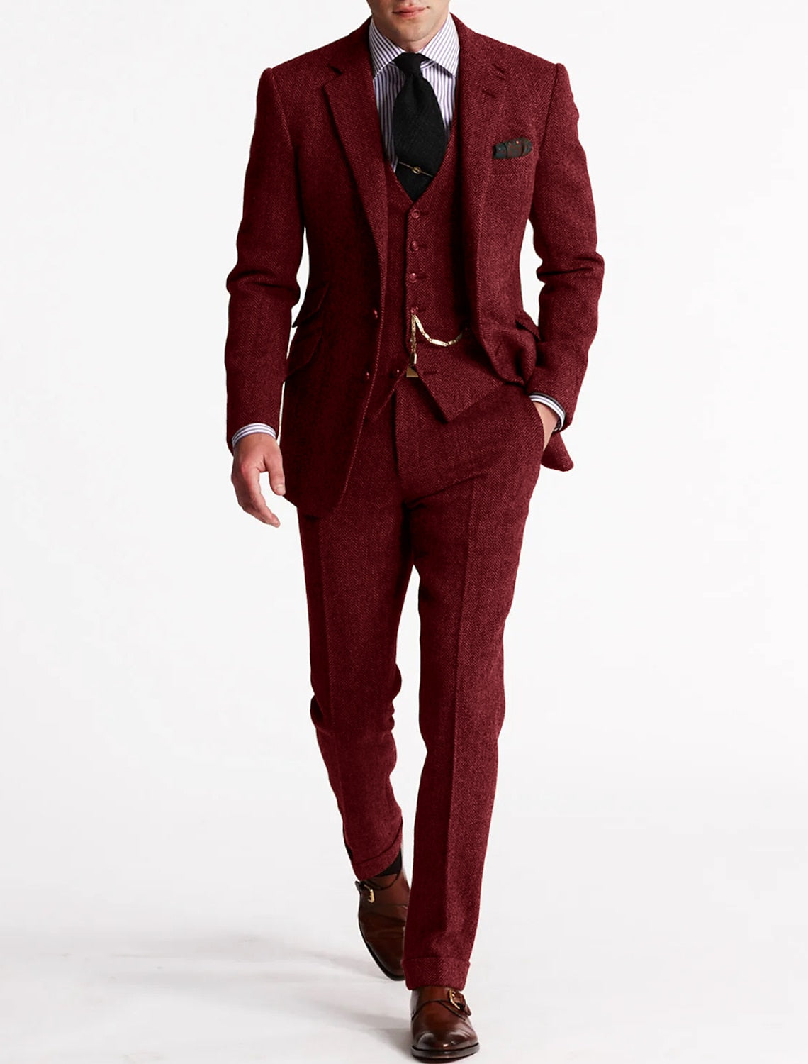 Men's tailored herringbone three-piece suit with jacket, waistcoat and trousers