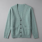 Men's plain V-neck cardigan with buttons, long sleeves and patch pockets