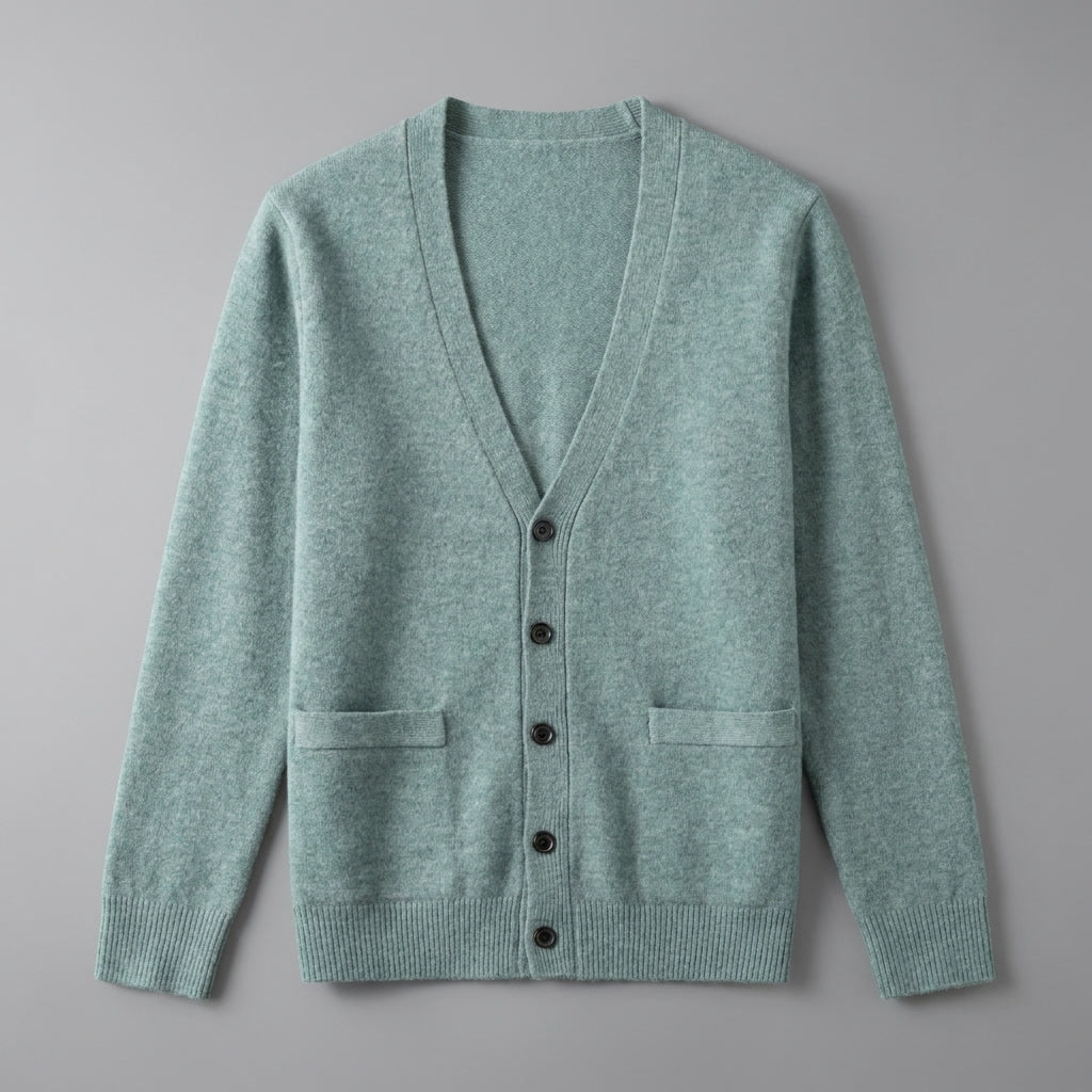Men's plain V-neck cardigan with buttons, long sleeves and patch pockets