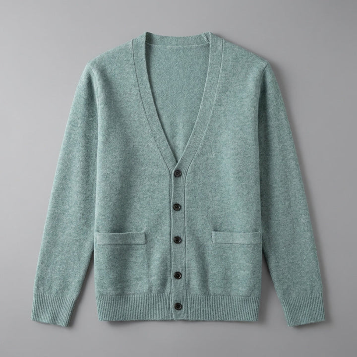 Men's plain V-neck cardigan with buttons, long sleeves and patch pockets
