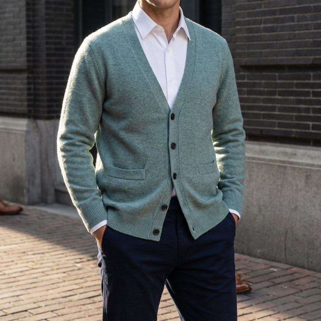 Men's plain V-neck cardigan with buttons, long sleeves and patch pockets