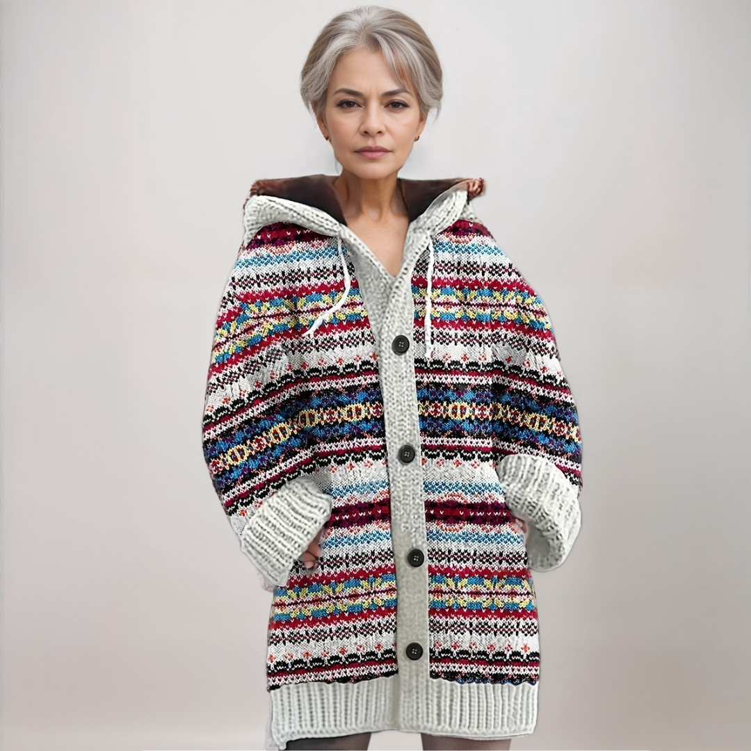 Women's Nordic patterned hooded knit cardigan with buttons