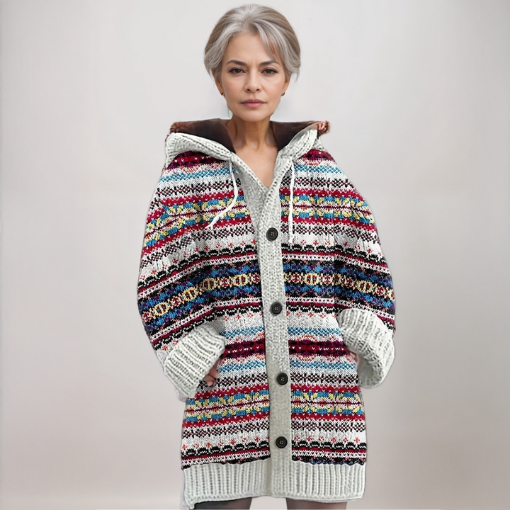 Women's Nordic patterned hooded knit cardigan with buttons