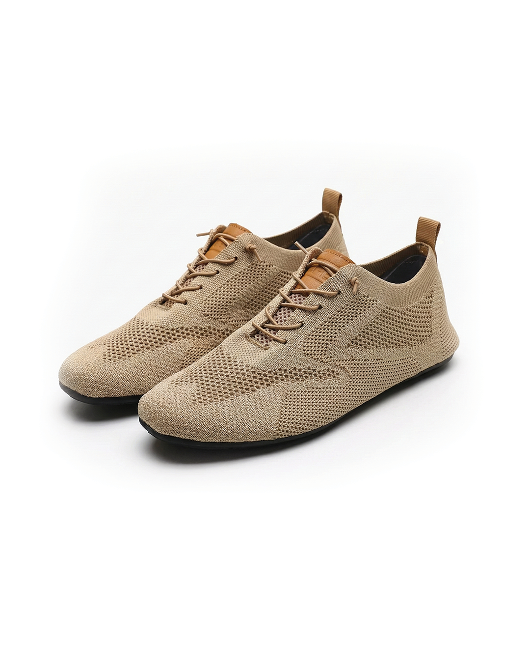 Knit sneakers with lace-up fronts, round toes and pull tabs