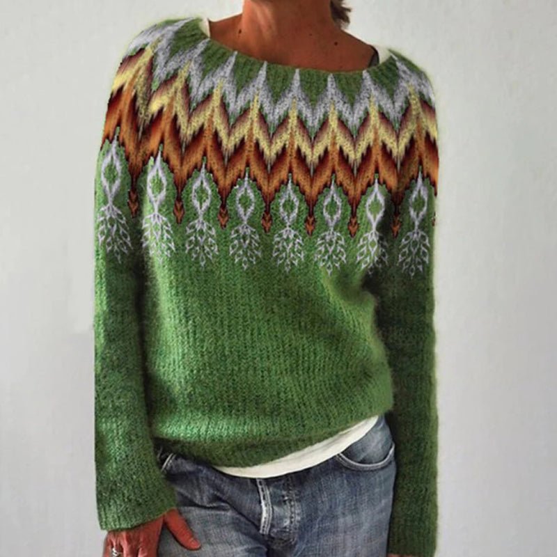 Women's oversized Fair Isle patterned crew-neck sweater with long sleeves