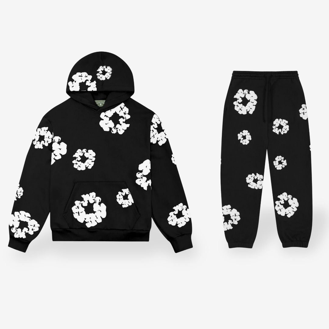 Unisex floral hoodie and jogger trousers set with hood and matching motifs