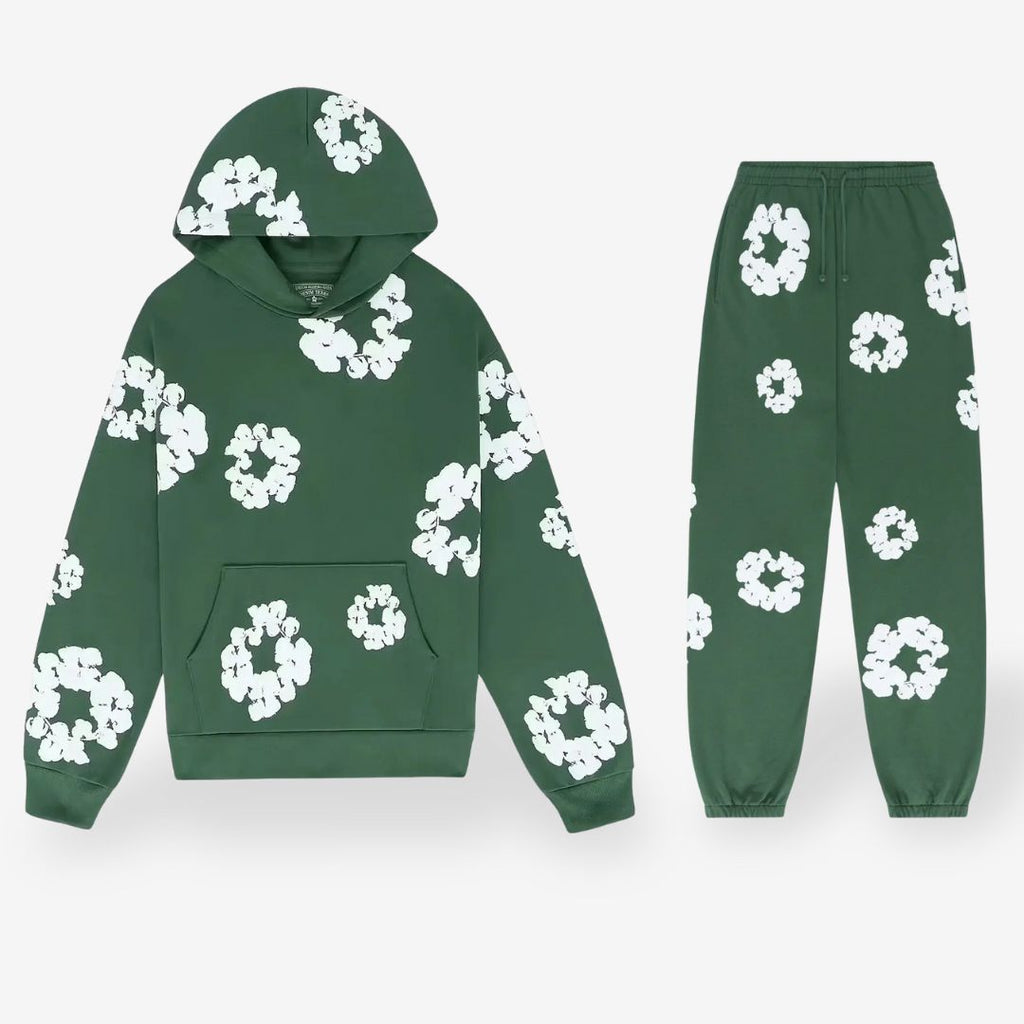 Unisex floral hoodie and jogger trousers set with hood and matching motifs