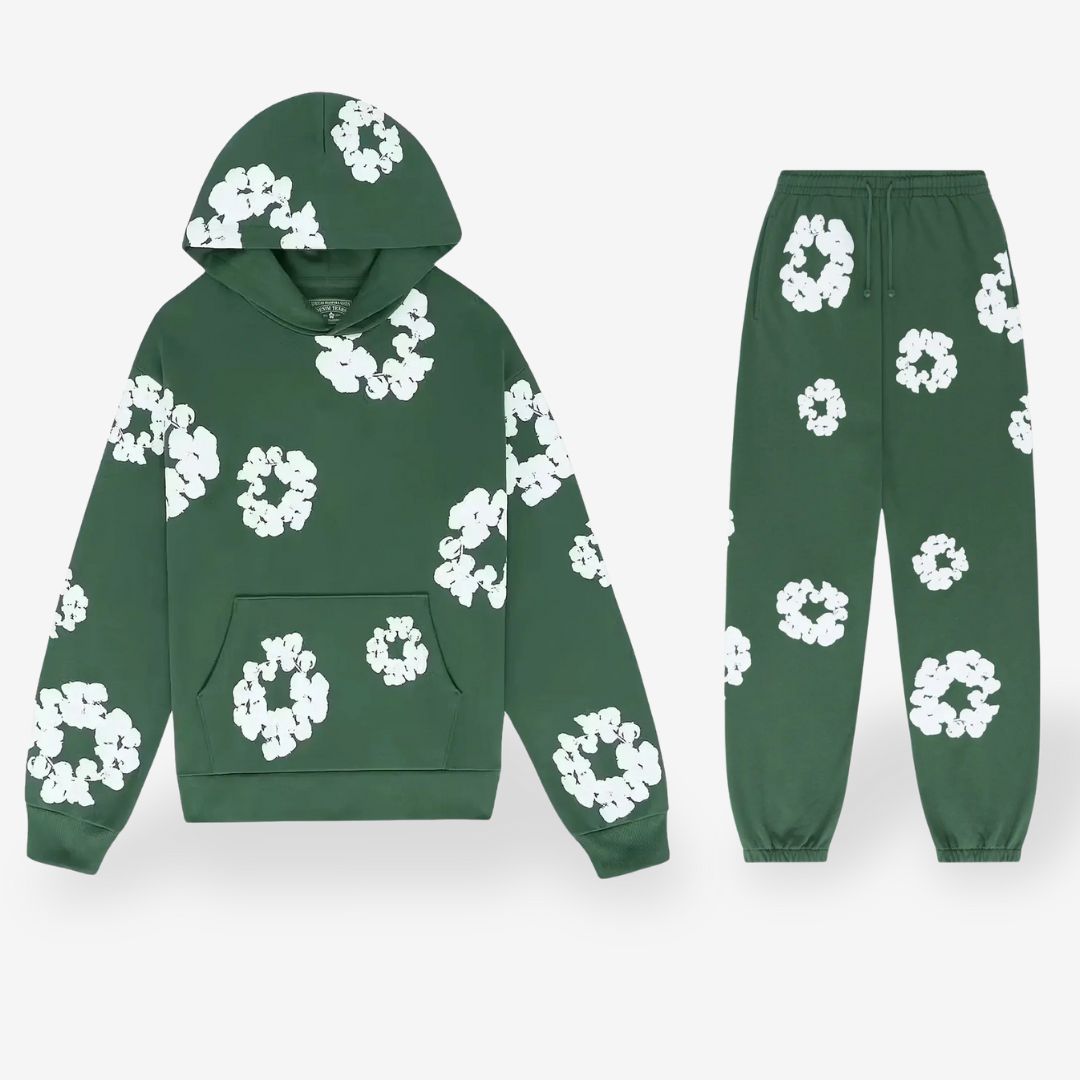 Unisex floral hoodie and jogger trousers set with hood and matching motifs