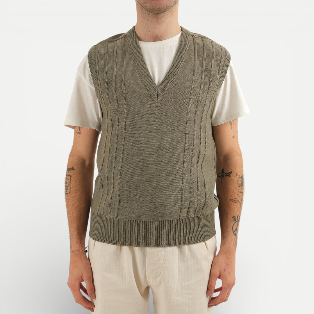 Men's olive green V-neck sweater vest with shoulder buttons