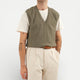 Men's olive green V-neck sweater vest with shoulder buttons