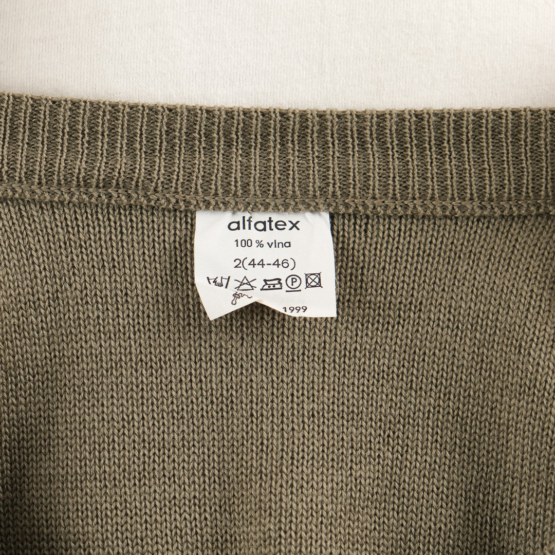 Men's olive green V-neck sweater vest with shoulder buttons
