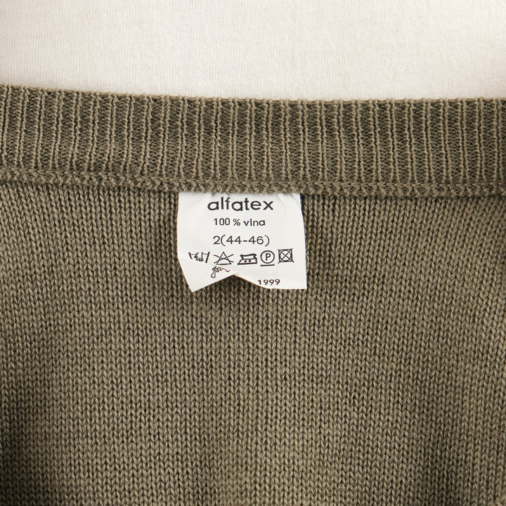 Men's olive green V-neck sweater vest with shoulder buttons
