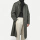 Men's muted green long raincoat with button front, pointed collar and shoulder tabs