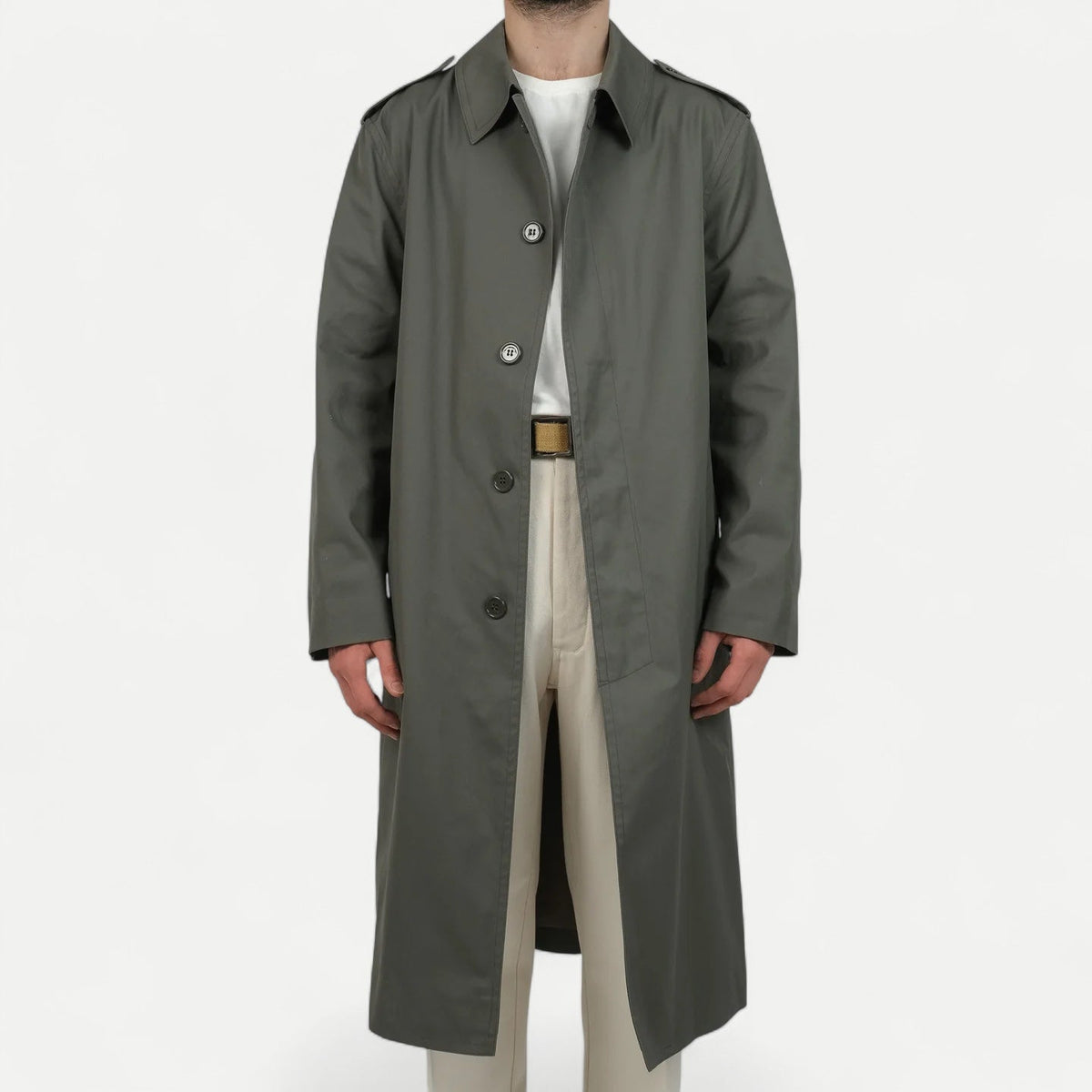 Men's muted green long raincoat with button front, pointed collar and shoulder tabs