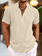 Men's short-sleeve textured Henley shirt with stand collar