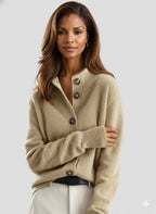 Women's button cardigan with ribbed collar and long sleeves