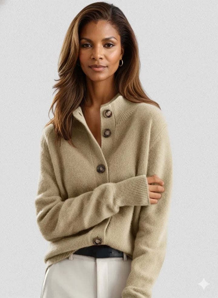 Women's button cardigan with ribbed collar and long sleeves