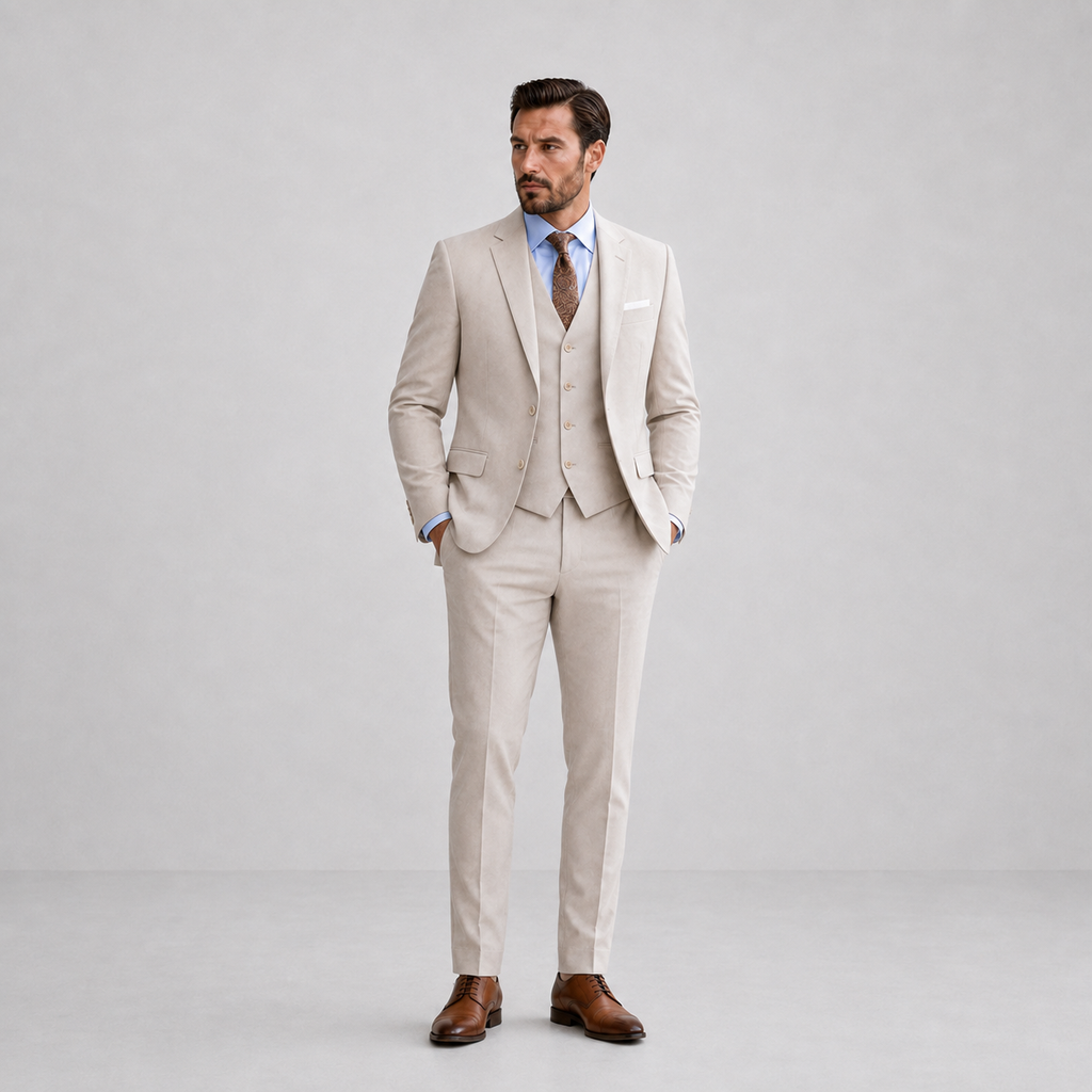 Men's three-piece suit with notch lapels, waistcoat, long sleeves and matching trousers