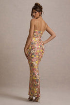 Women's multicolor floral sequin maxi dress with spaghetti straps