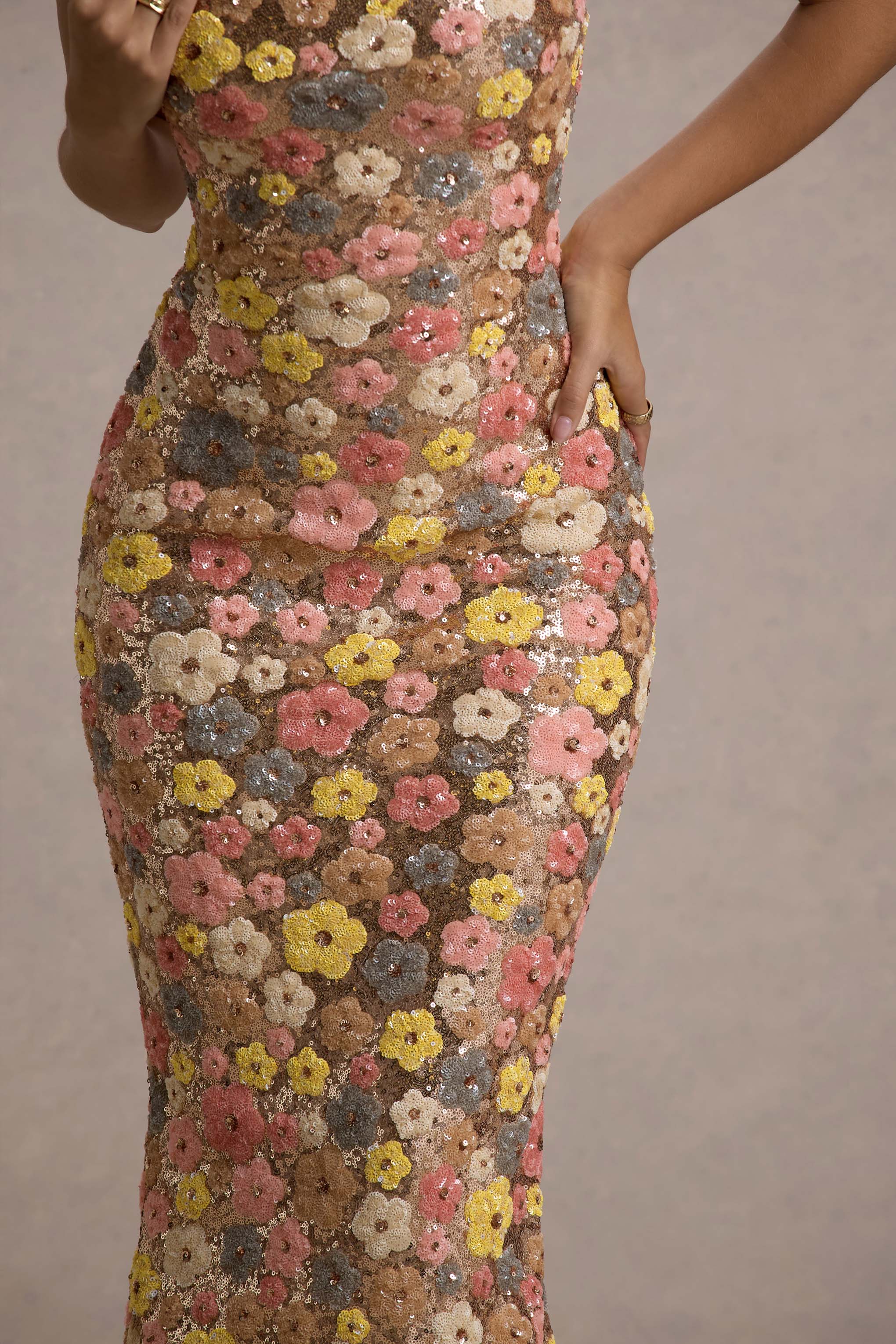 Women's multicolor floral sequin maxi dress with spaghetti straps