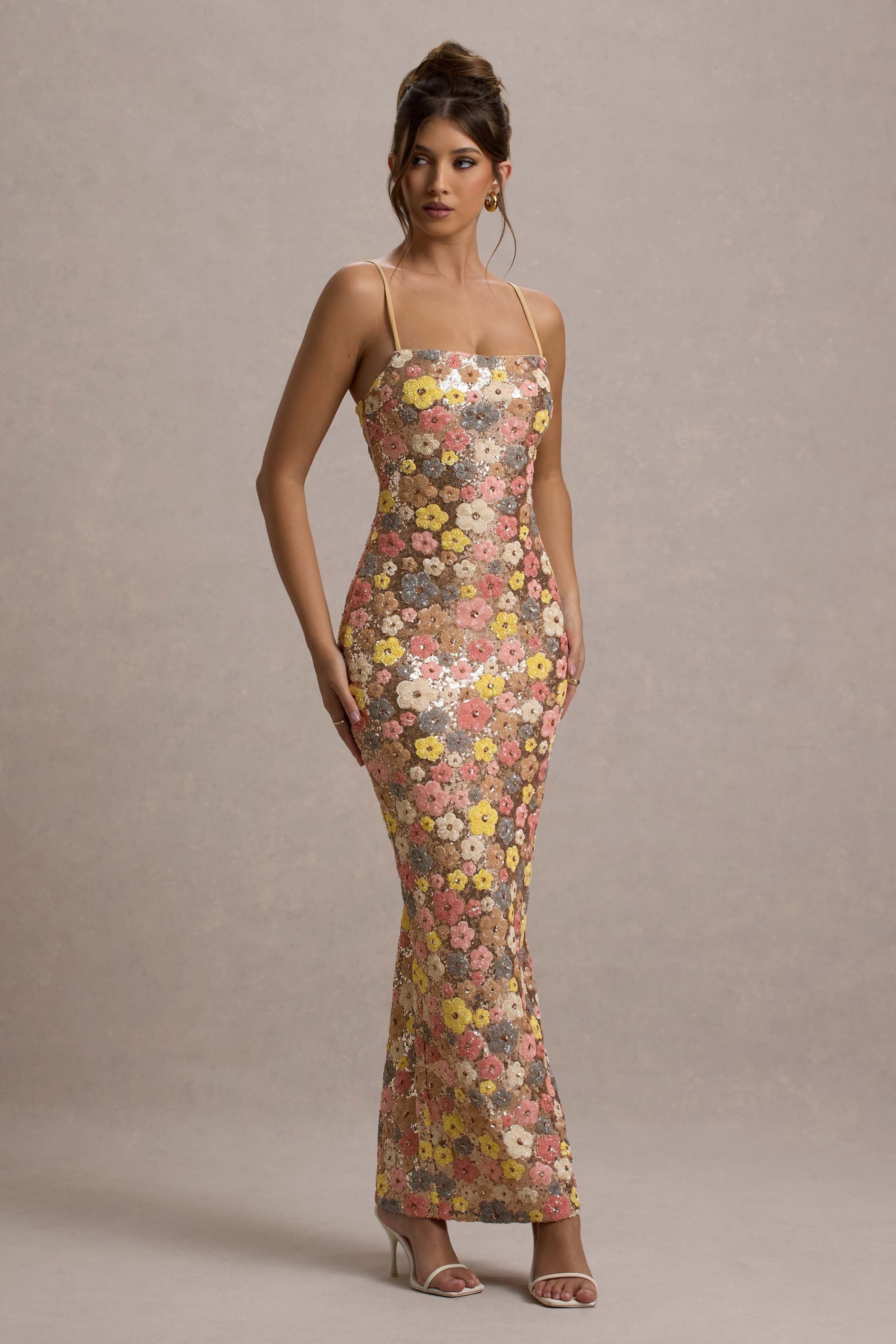 Women's multicolor floral sequin maxi dress with spaghetti straps