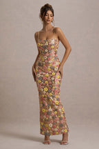 Women's multicolor floral sequin maxi dress with spaghetti straps