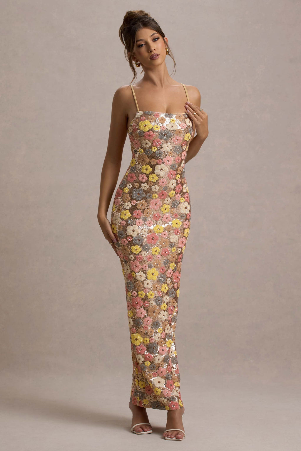 Women's multicolor floral sequin maxi dress with spaghetti straps