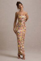 Women's multicolor floral sequin maxi dress with spaghetti straps