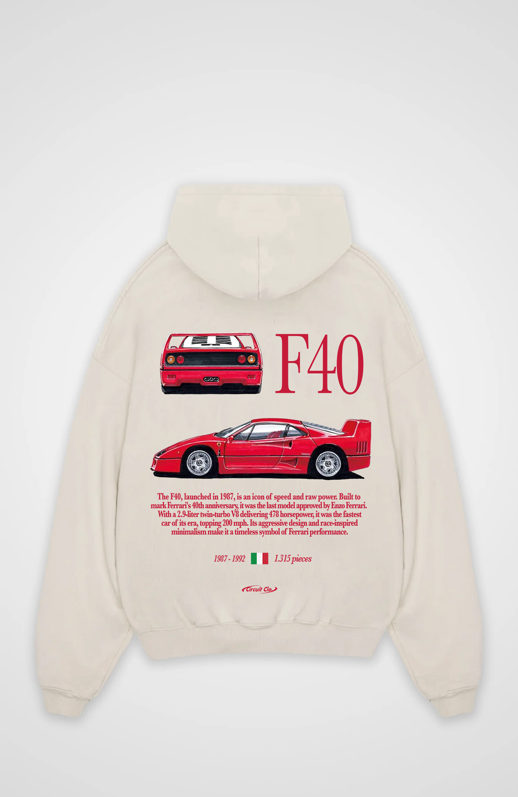 Oversized hoodie with red F40 car graphic on the back