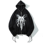 Women's black oversized zip hoodie with white abstract front graphic