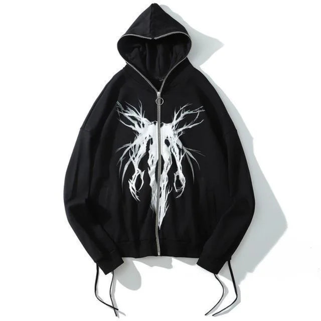 Women's black oversized zip hoodie with white abstract front graphic