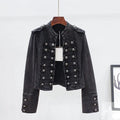 Women's cropped denim jacket with stand collar, shoulder tabs and rows of button detailing