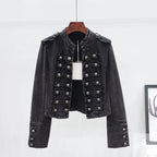 Women's cropped denim jacket with stand collar, shoulder tabs and rows of button detailing