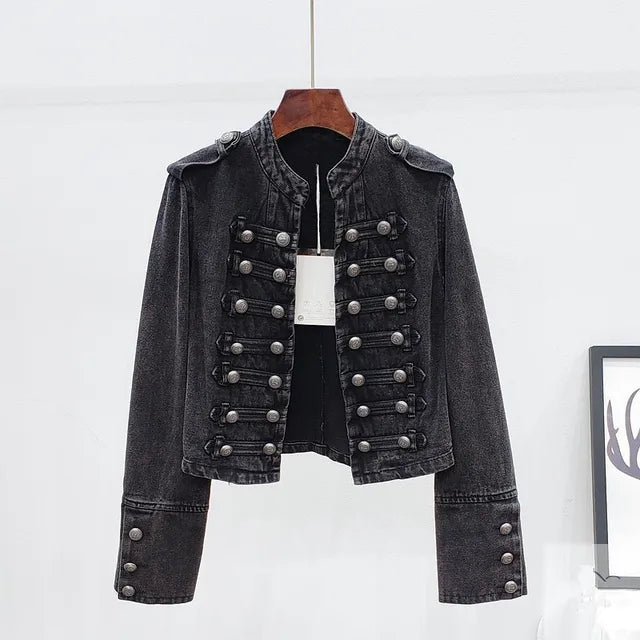 Women's cropped denim jacket with stand collar, shoulder tabs and rows of button detailing