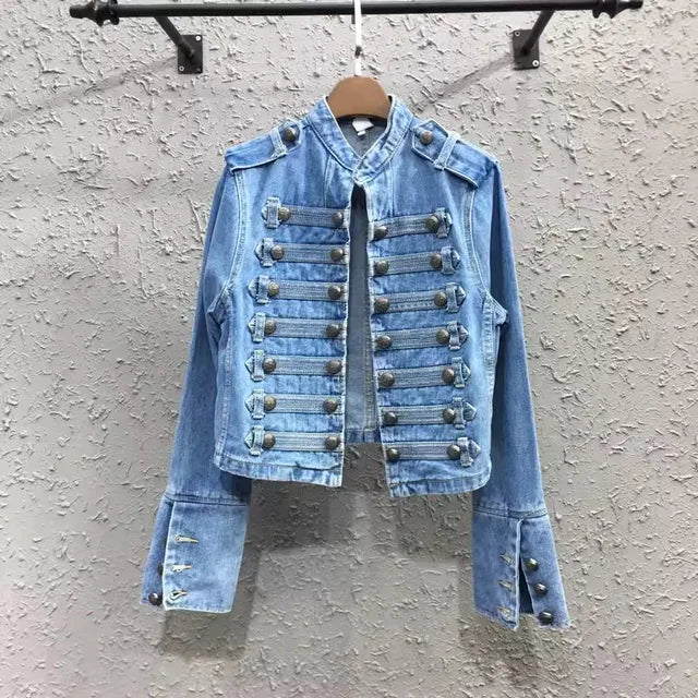 Women's cropped denim jacket with stand collar, shoulder tabs and rows of button detailing