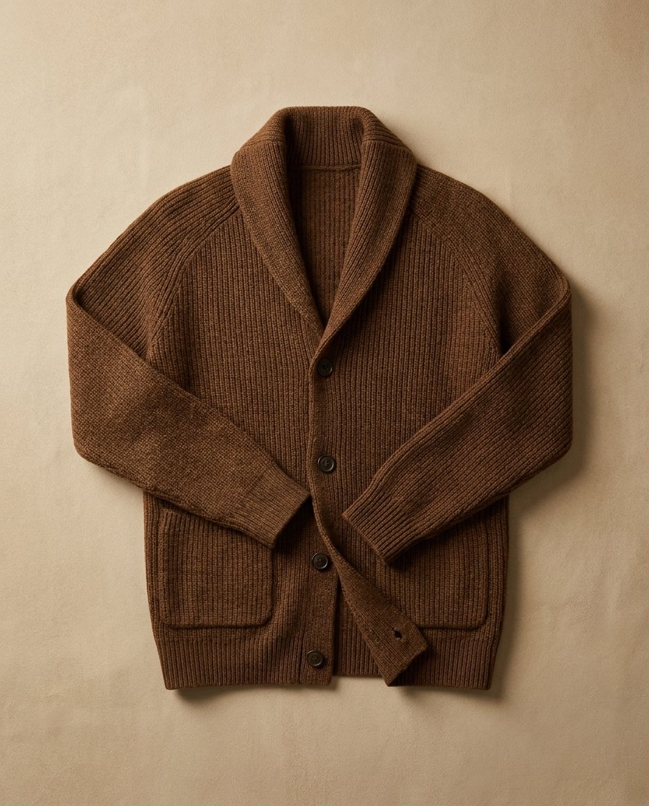 Men's ribbed knit cardigan with shawl-style collar, buttons and patch pockets