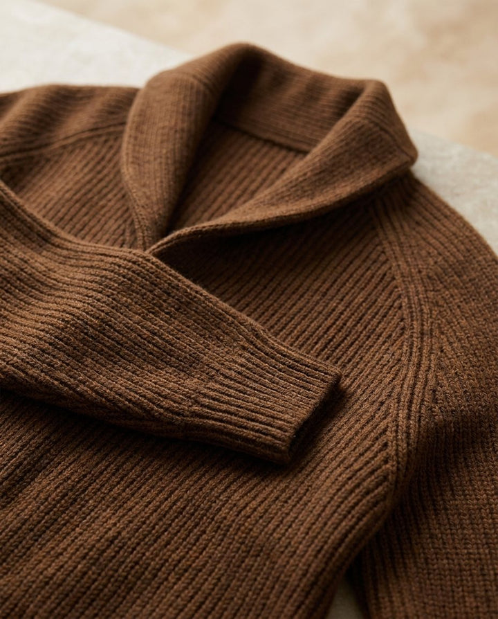 Men's ribbed knit cardigan with shawl-style collar, buttons and patch pockets
