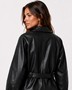Women's belted collared leather jacket with zip pockets