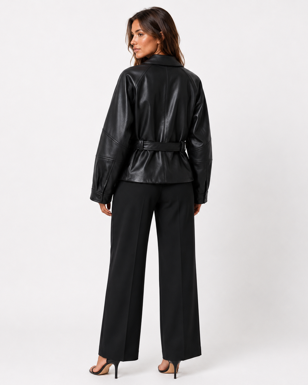 Women's belted collared leather jacket with zip pockets