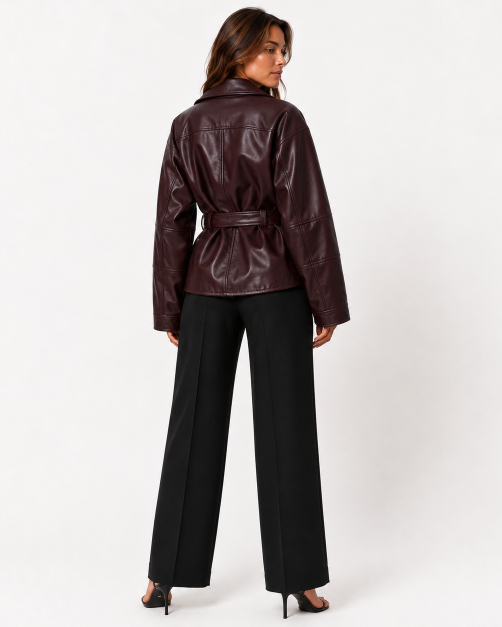 Women's belted collared leather jacket with zip pockets